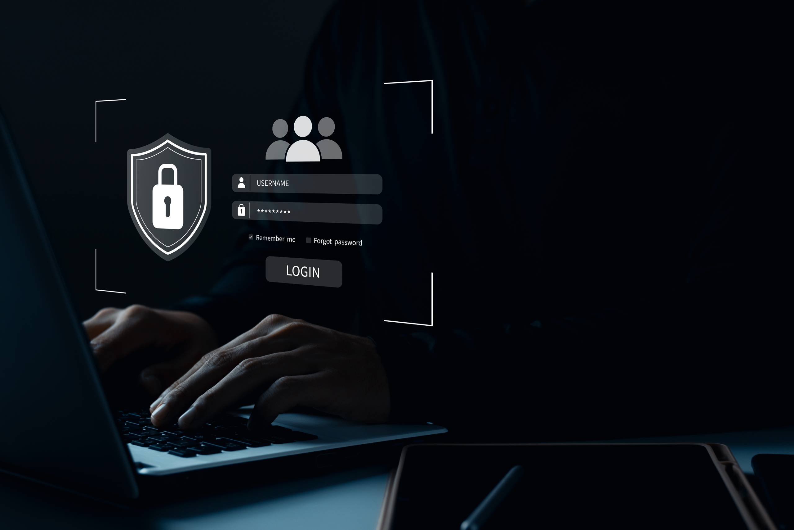 Cybersecurity and privacy concepts to protect data. Lock icon and internet network security technology. Businessmen protecting personal data on tablets and virtual interfaces.